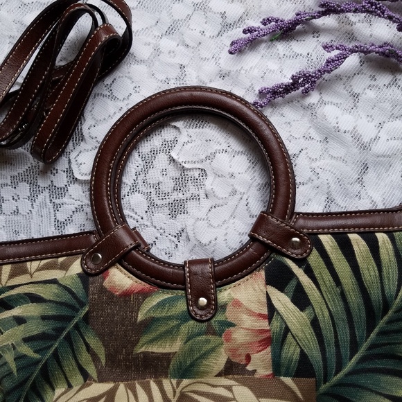 Purse Tropical Florals Removable Strap Brown Green - Picture 2 of 8